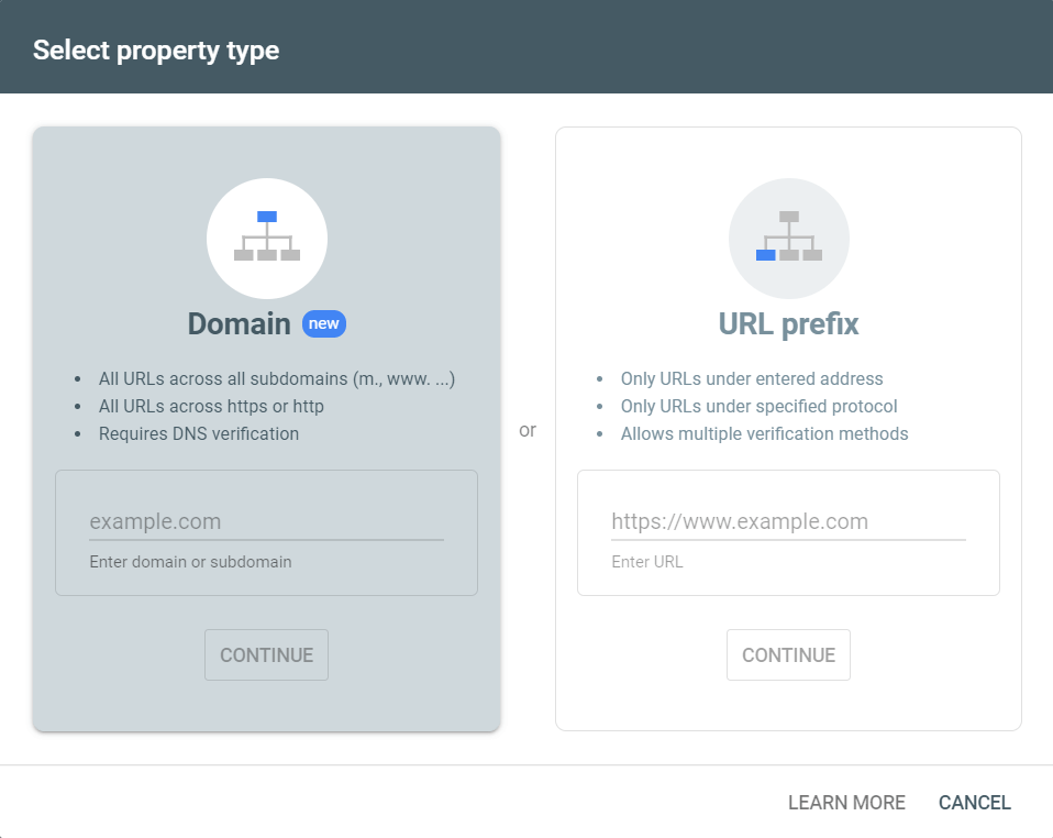 Choose a Search Console Property Type