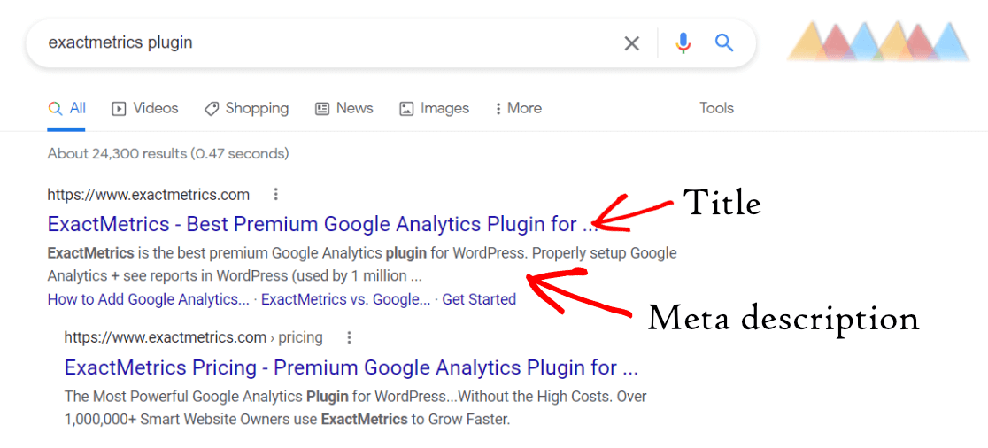 Title and meta description example from Google