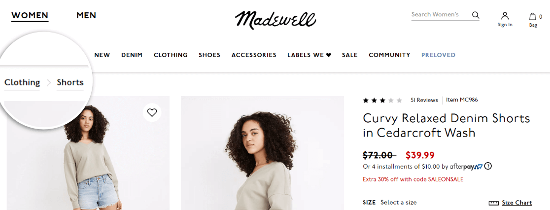 Example of breadcrumbs on Madewell.com