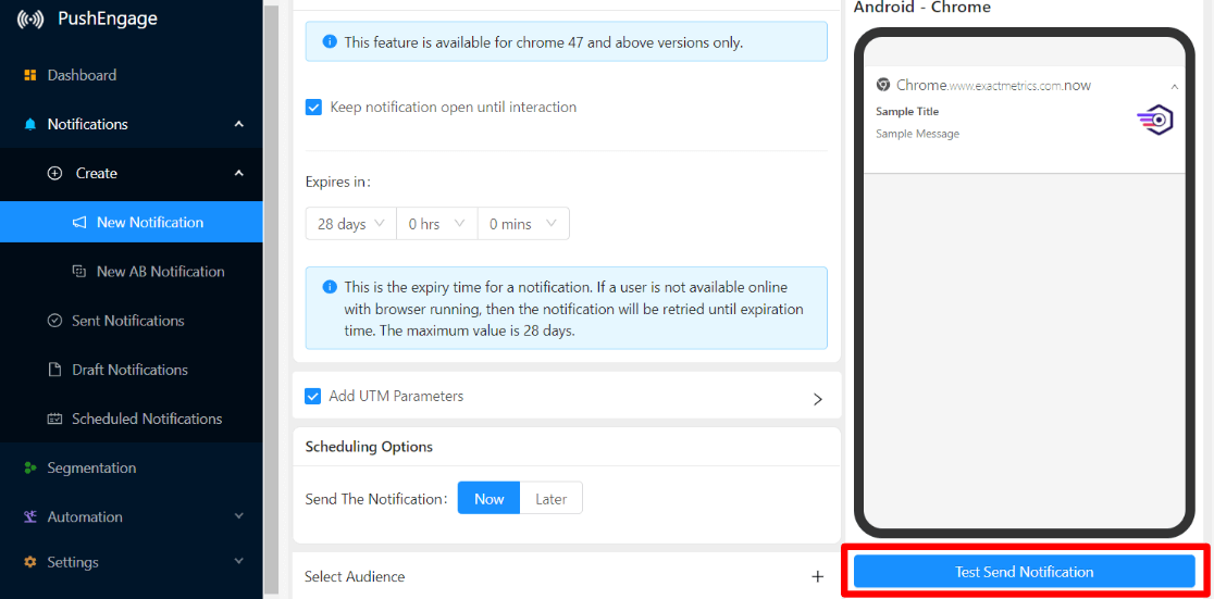 Send test notification in PushEngage