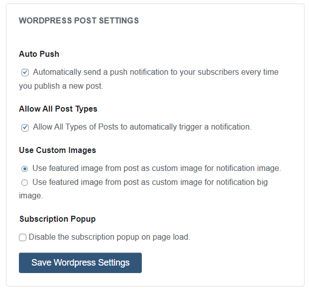 WP Post Settings in PushEngage