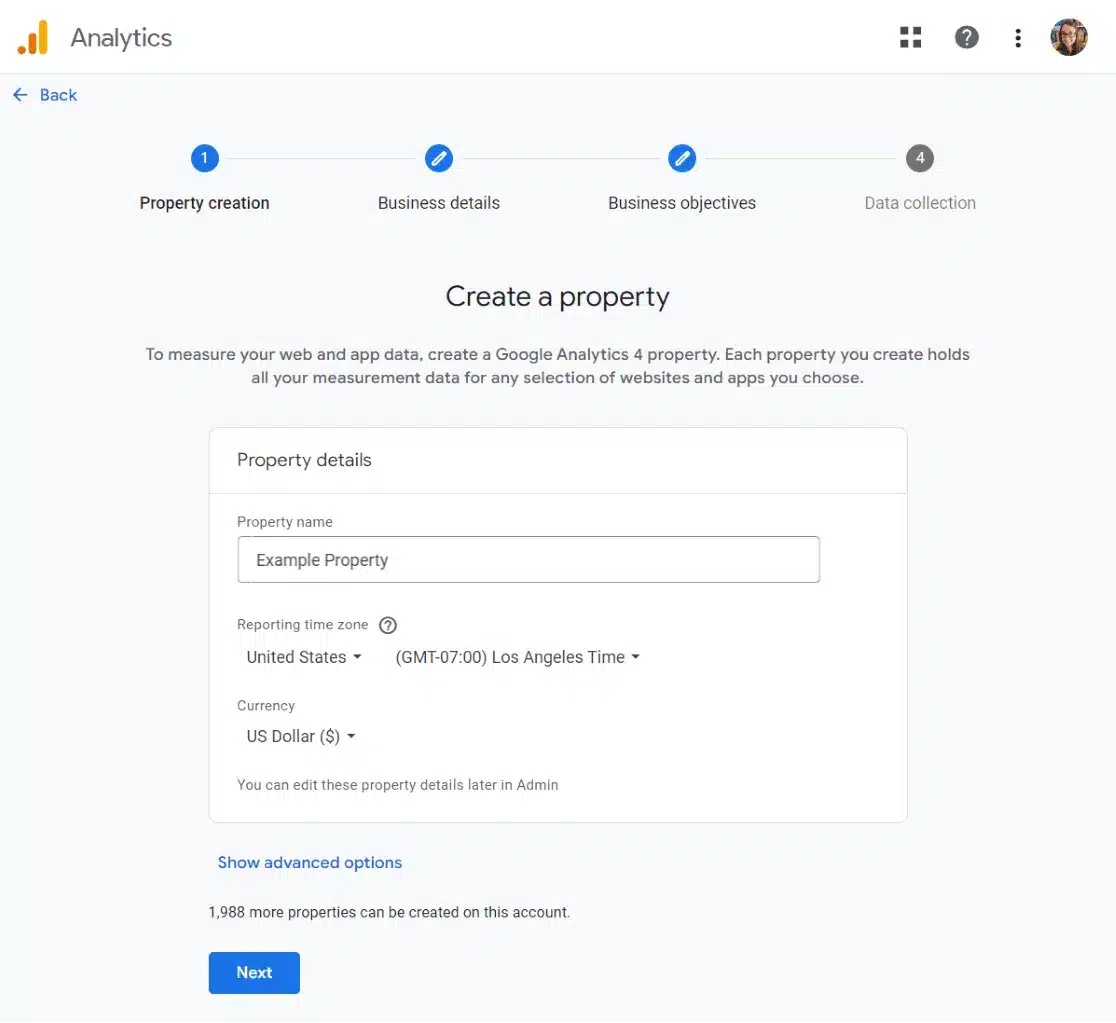 google analytics create a property GA4