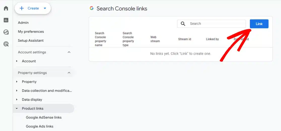 Search Console Linking button in GA4