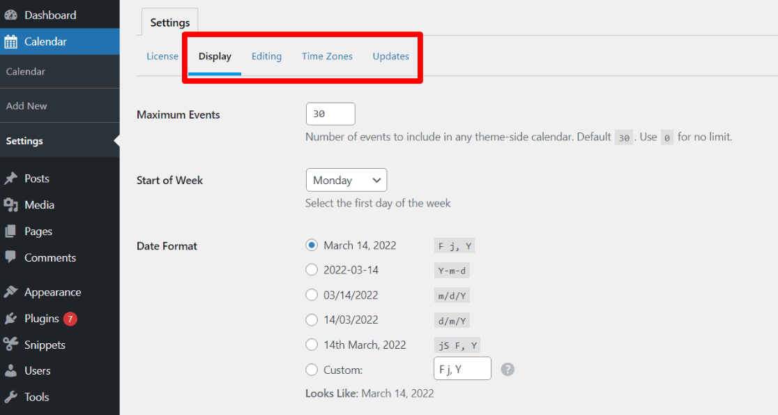 Sugar Calendar Options