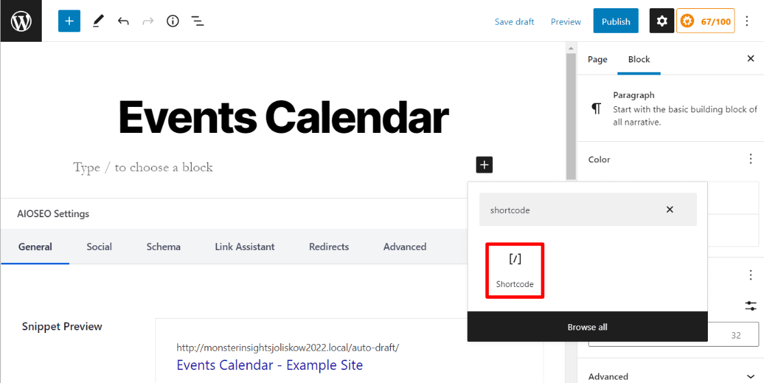 WordPress calendar plugin - install shortcode