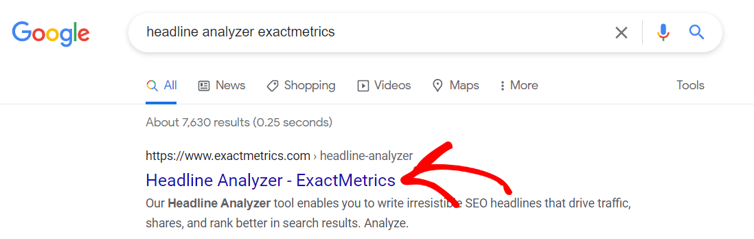 ExactMetrics Headline Analyzer Search Result