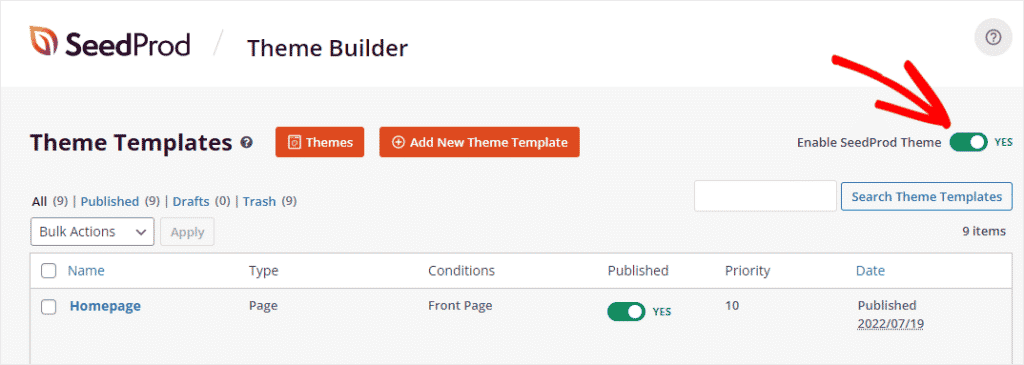 SeedProd enable custom WordPress theme