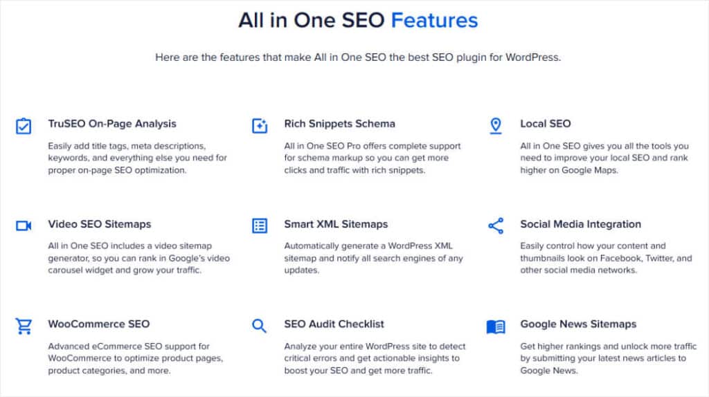 All in One SEO Features List