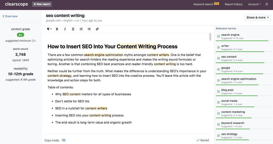 Clearscope SEO Content Checker Example