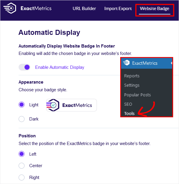 ExactMetrics Badge Settings