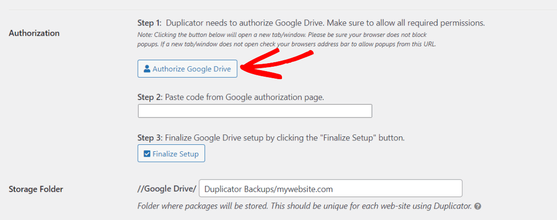 Authorize Google Drive for WordPress backups