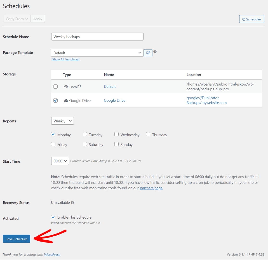 Duplicator WordPress backups schedule