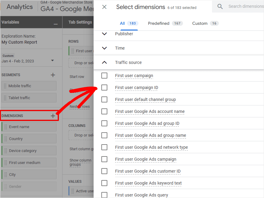 GA4 Custom Exploration Add Dimension