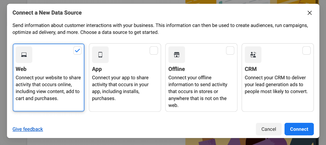 Facebook connect new data source - web