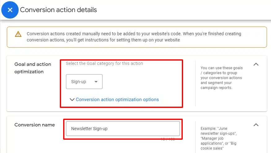 GA conversion action goal and name