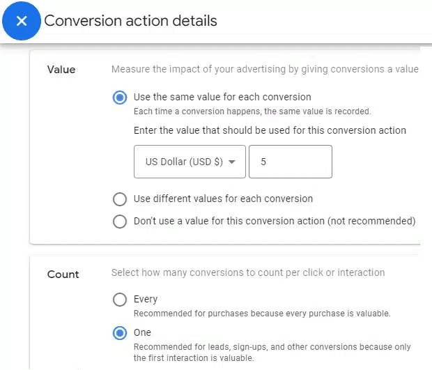 Google Ads conversion action value and count