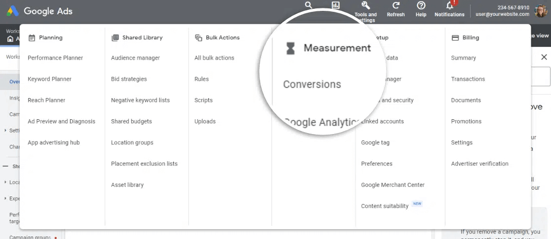 Google Ads > Measurement > Conversions
