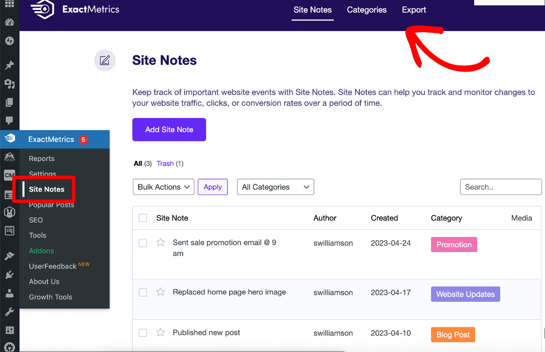 Site Notes Dashboard