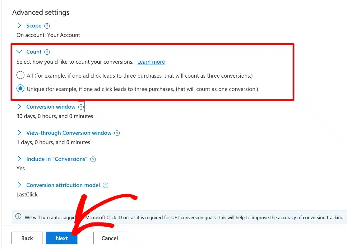 bing ads conversion goal advanced settings