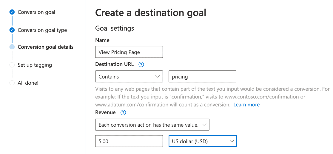 Bing Ads create a destination goal