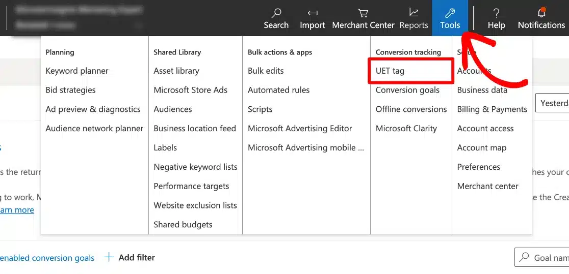 Bing conversion tracking - tools - UET tag