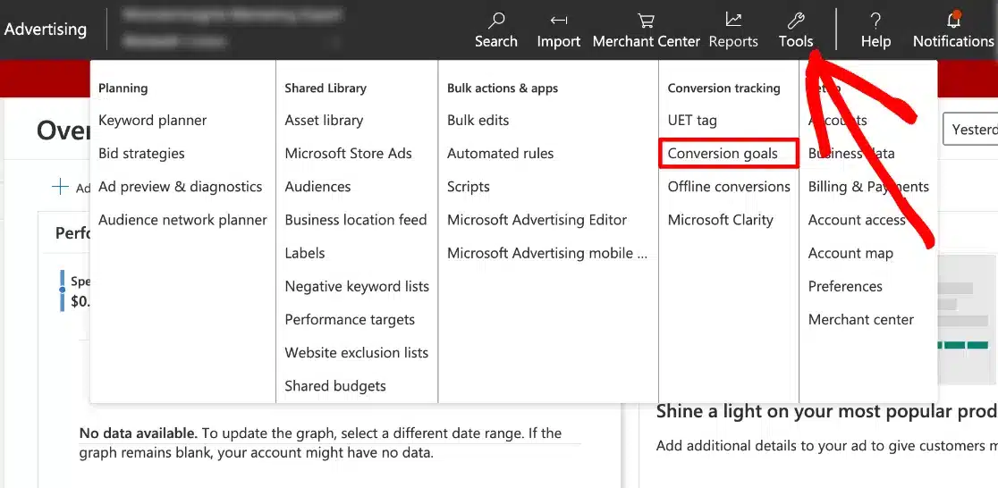 Bing Ads tools conversion goals