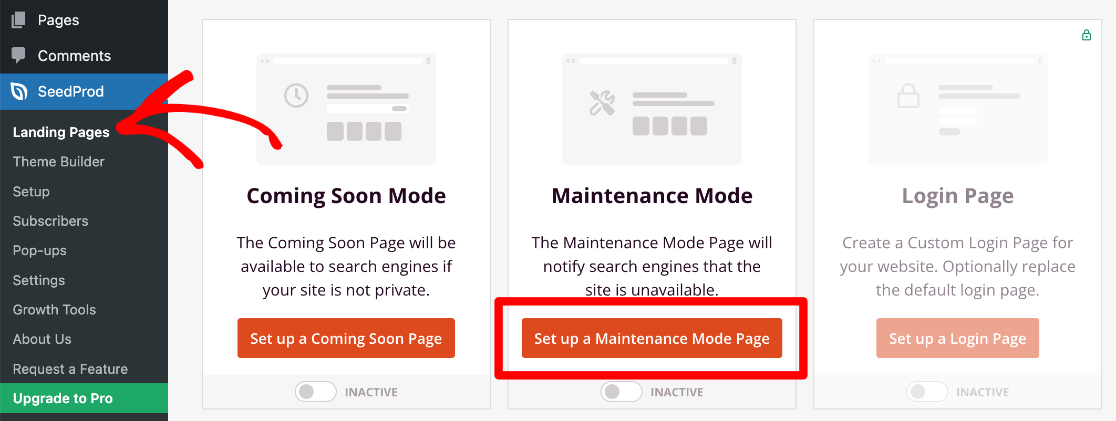 SeedProd set up maintenance mode page