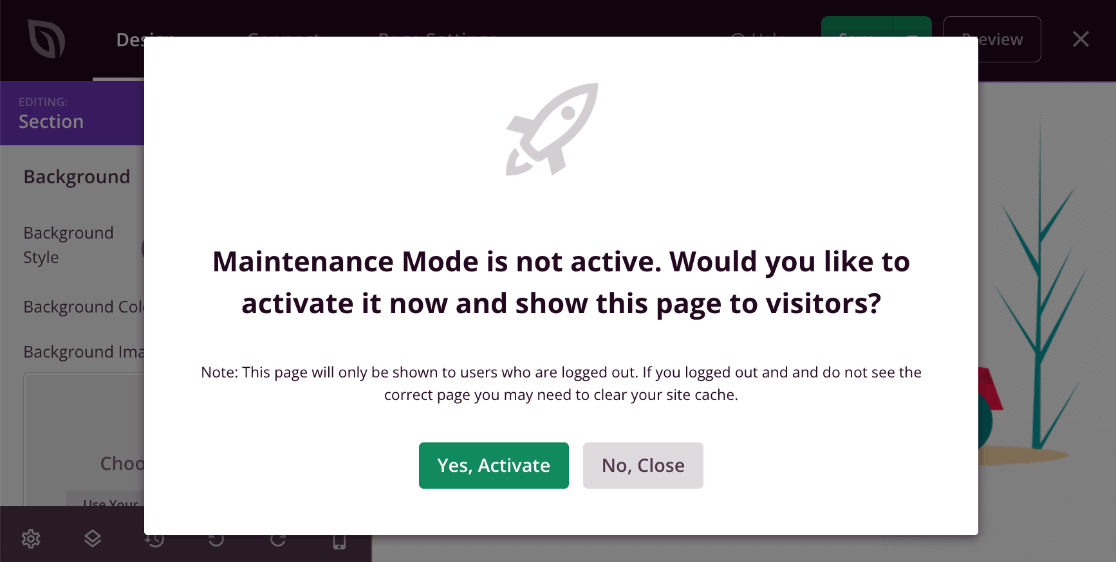 SeedProd WordPress maintenance mode popup activate