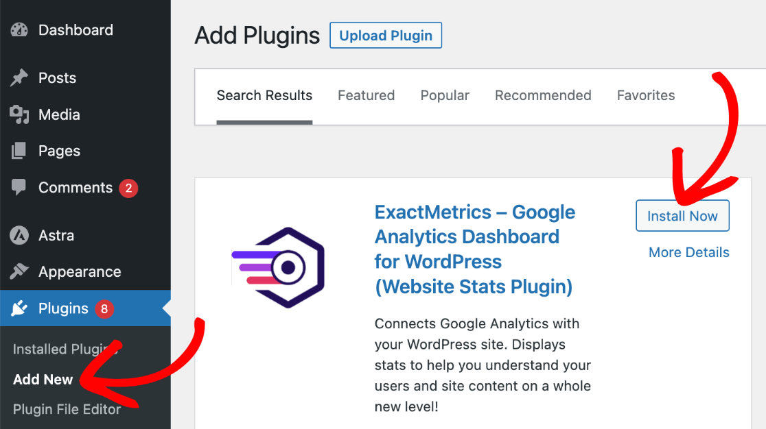 Install plugin - ExactMetrics lite