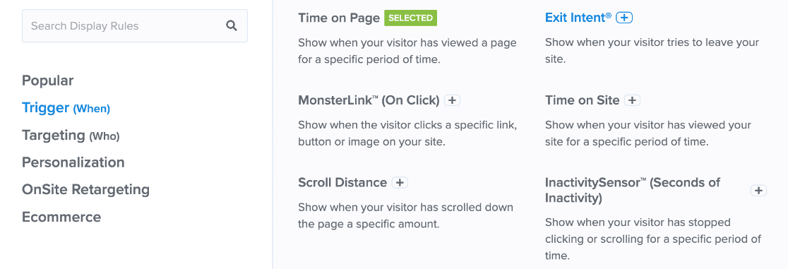 OptinMonster Trigger display rules