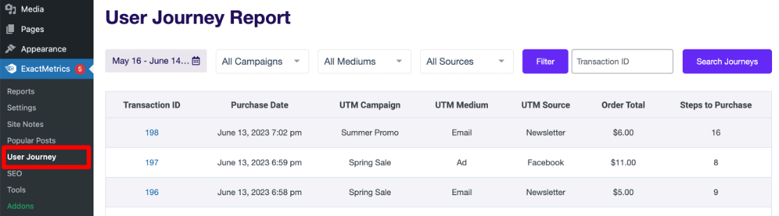 User Journey Report ExactMetrics