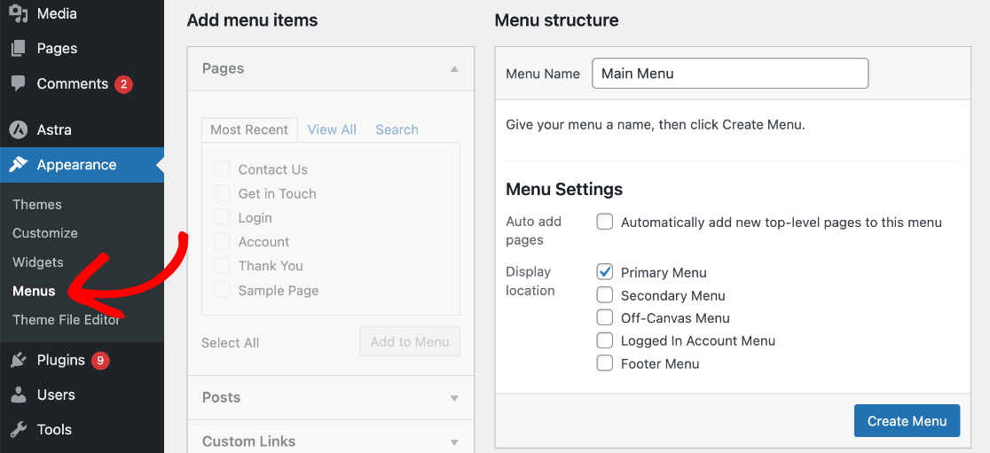 WordPress create menu