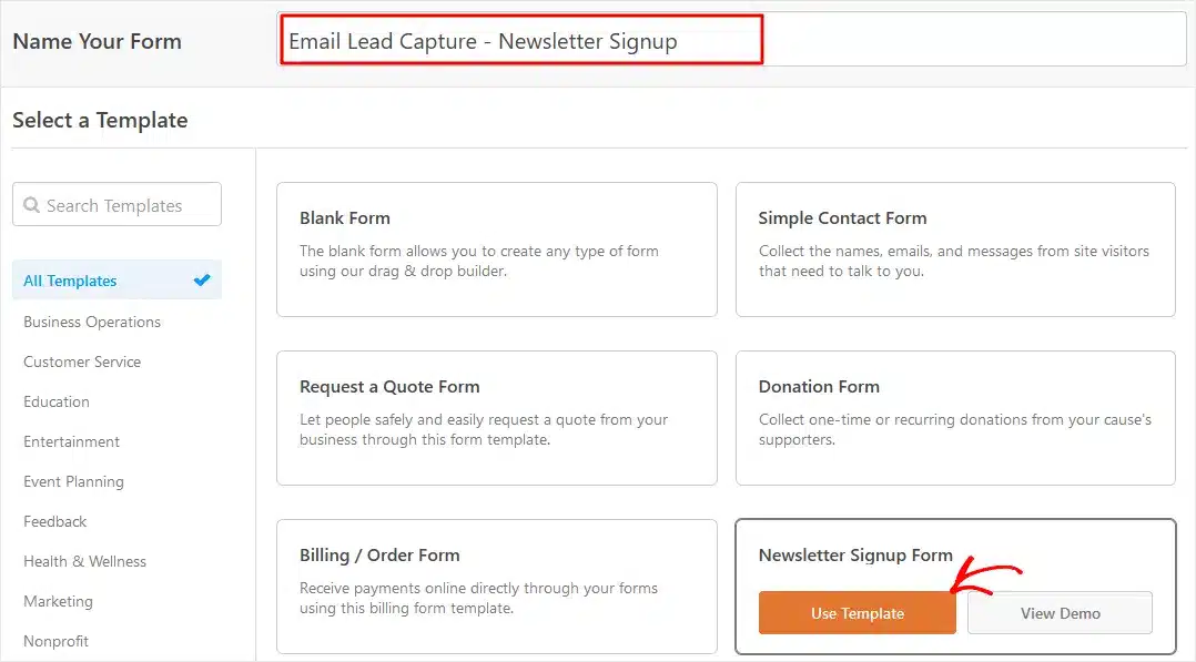 WPForms Templates - Select Newsletter