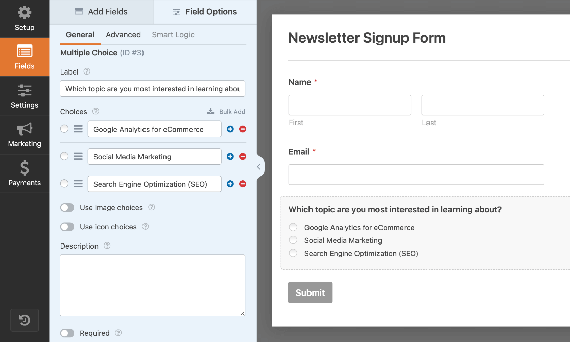 WPForms builder - add fields - multiple choice