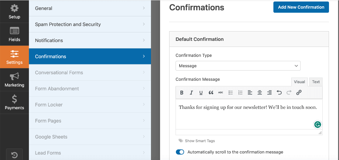 wpforms builder - settings - confirmations