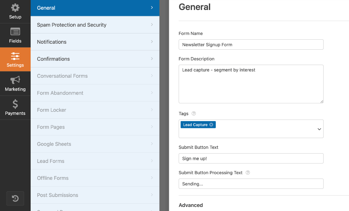 WPForms builder - settings - general