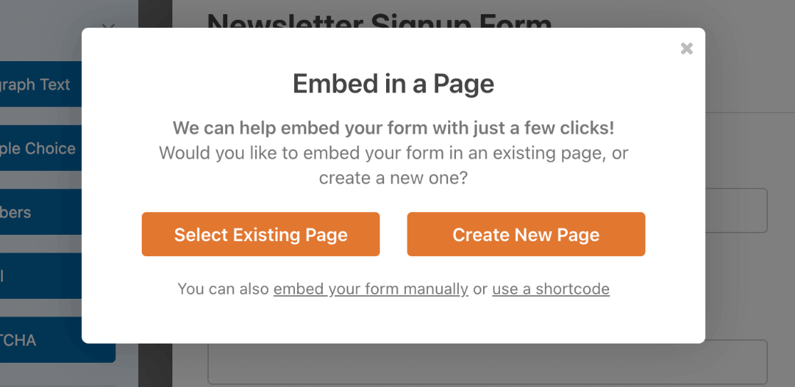 WPForms embed in a page popup