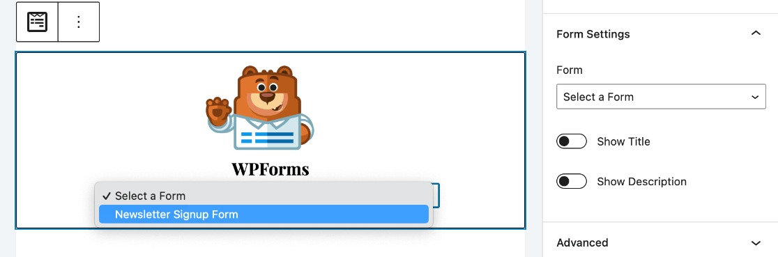 WPForns WordPress block - select a form