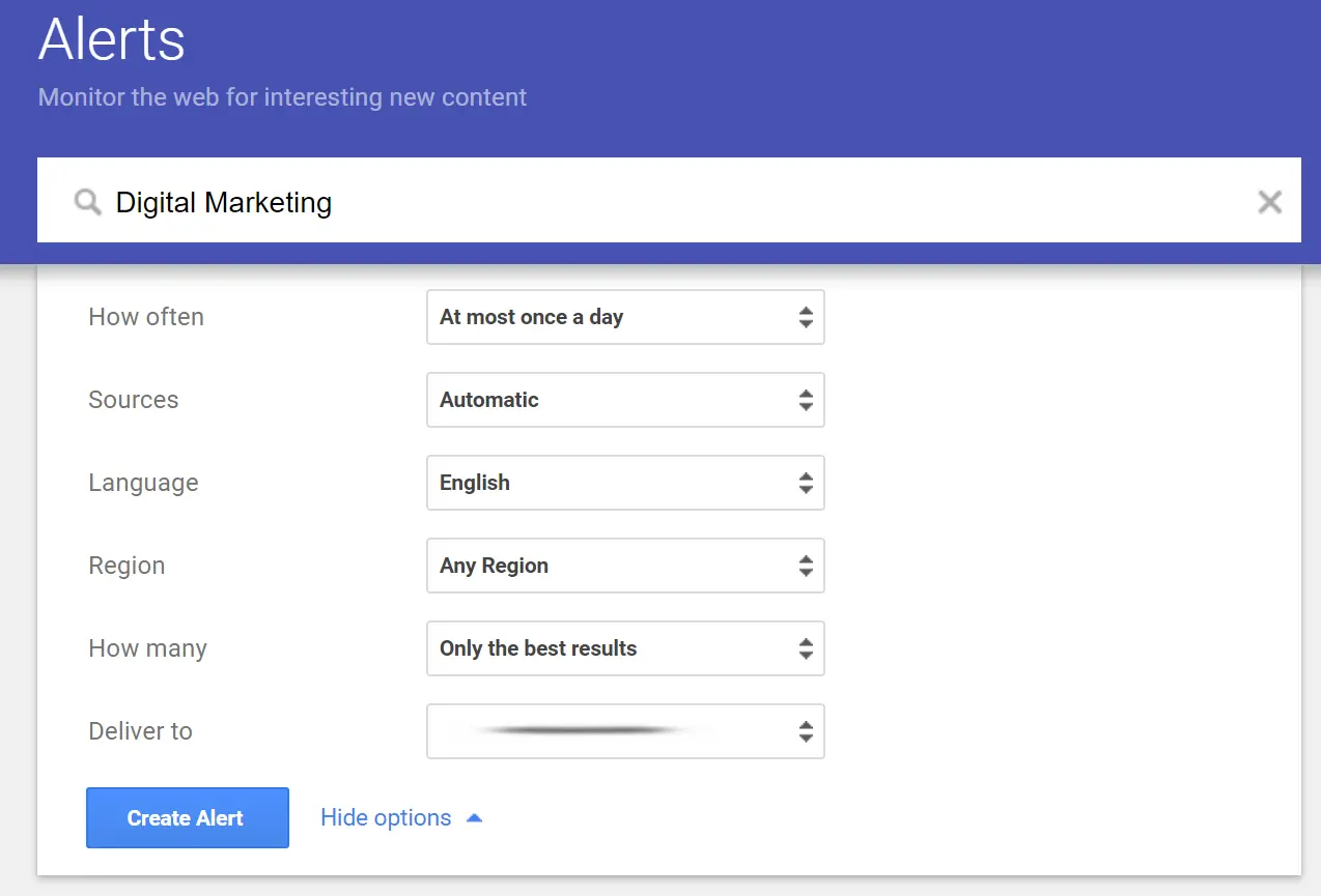 Create a google alert settings