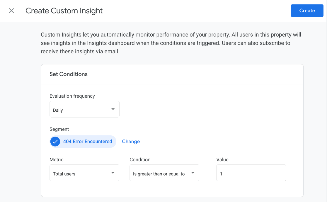 GA4 create custom insight - 404 error google analytics alert