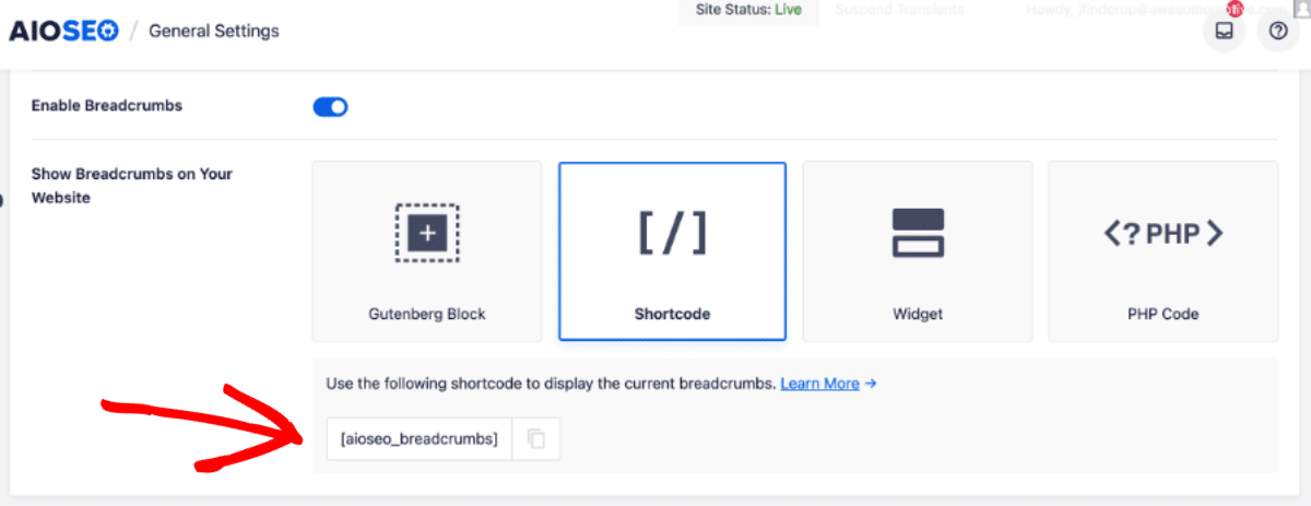 Breadcrumbs Shotcode AIOSEO