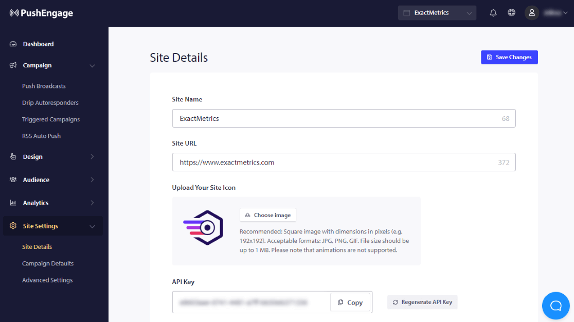 PushEngage Site Details Dashboard