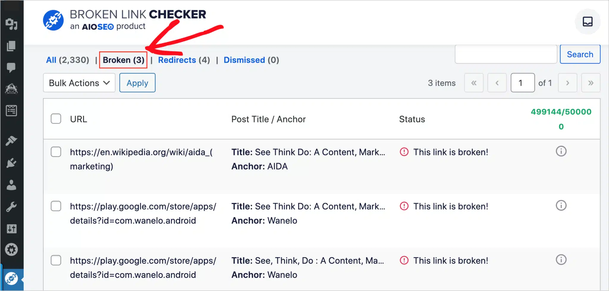 Broken link checker plugin AIOSEO