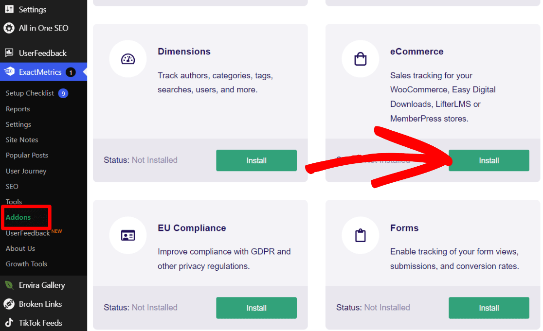 Install the ExactMetrics eComemrce Addon