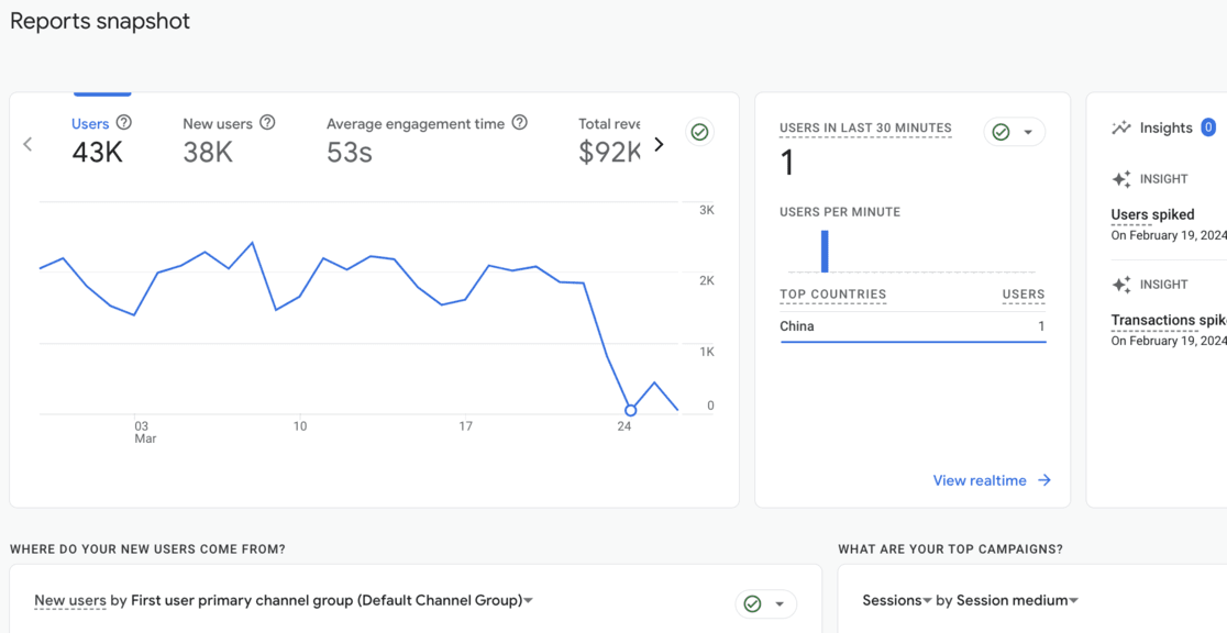 Report snapshot GA4 dashboard