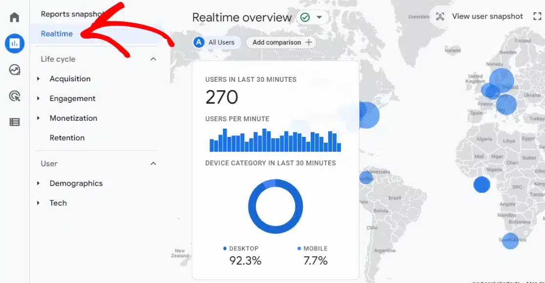 Real time report in GA4 dashboard