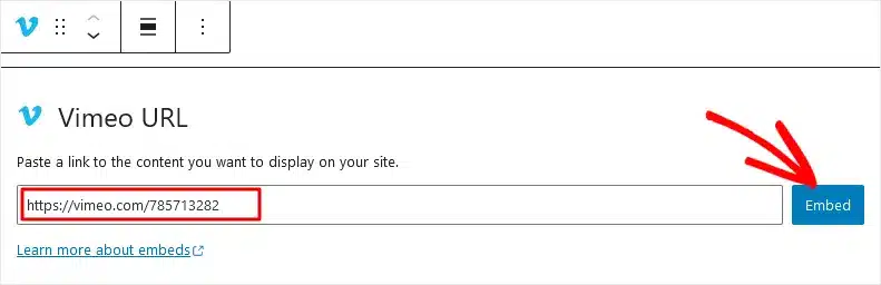 Vimeo video embed block WordPress