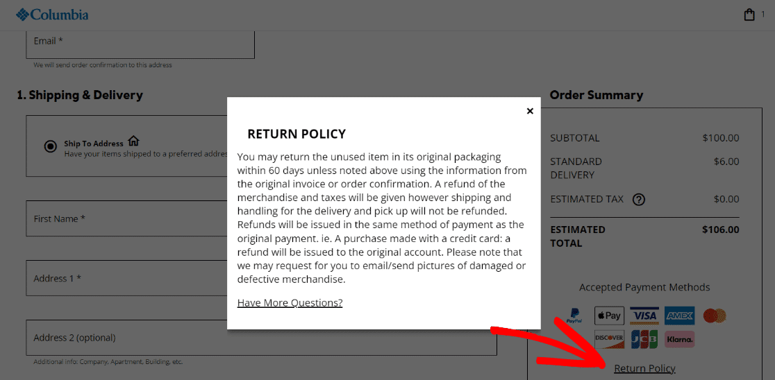 Popup example return policy