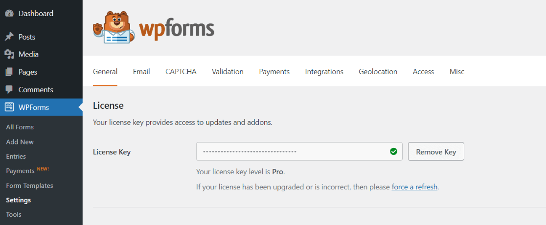 Add a license key in WPForms