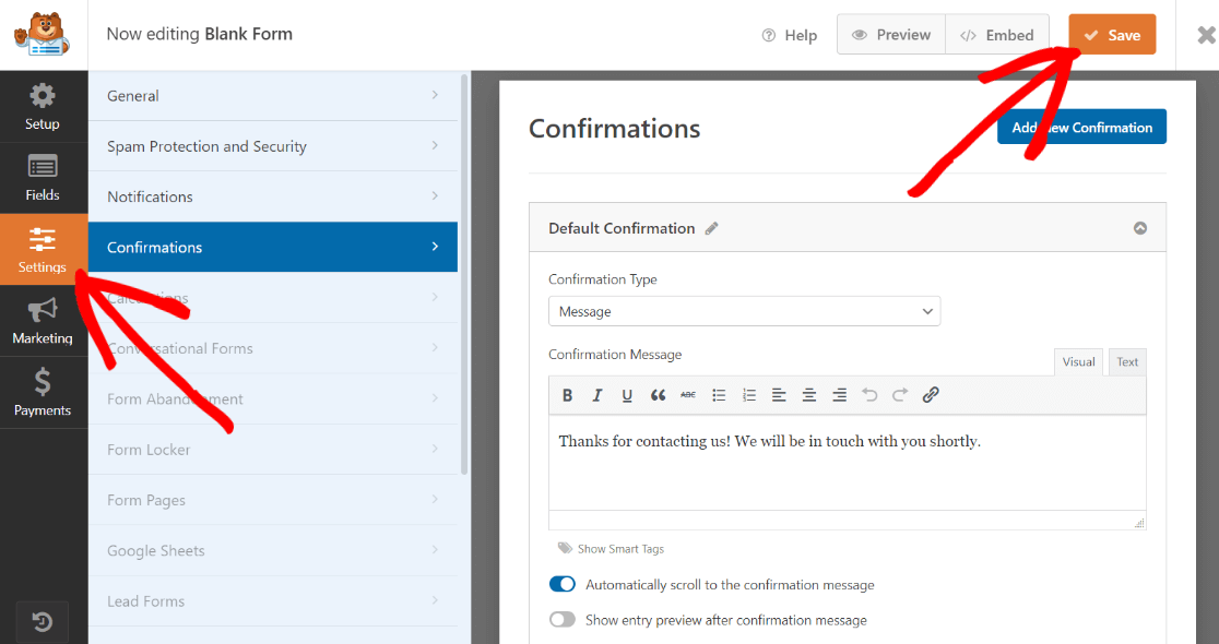 WPForms settings tab